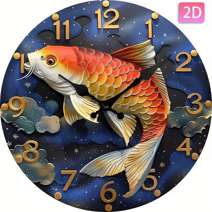 Red Koi Fish Silent Wall Clock Wooden Round Digital Display - Montero Milan