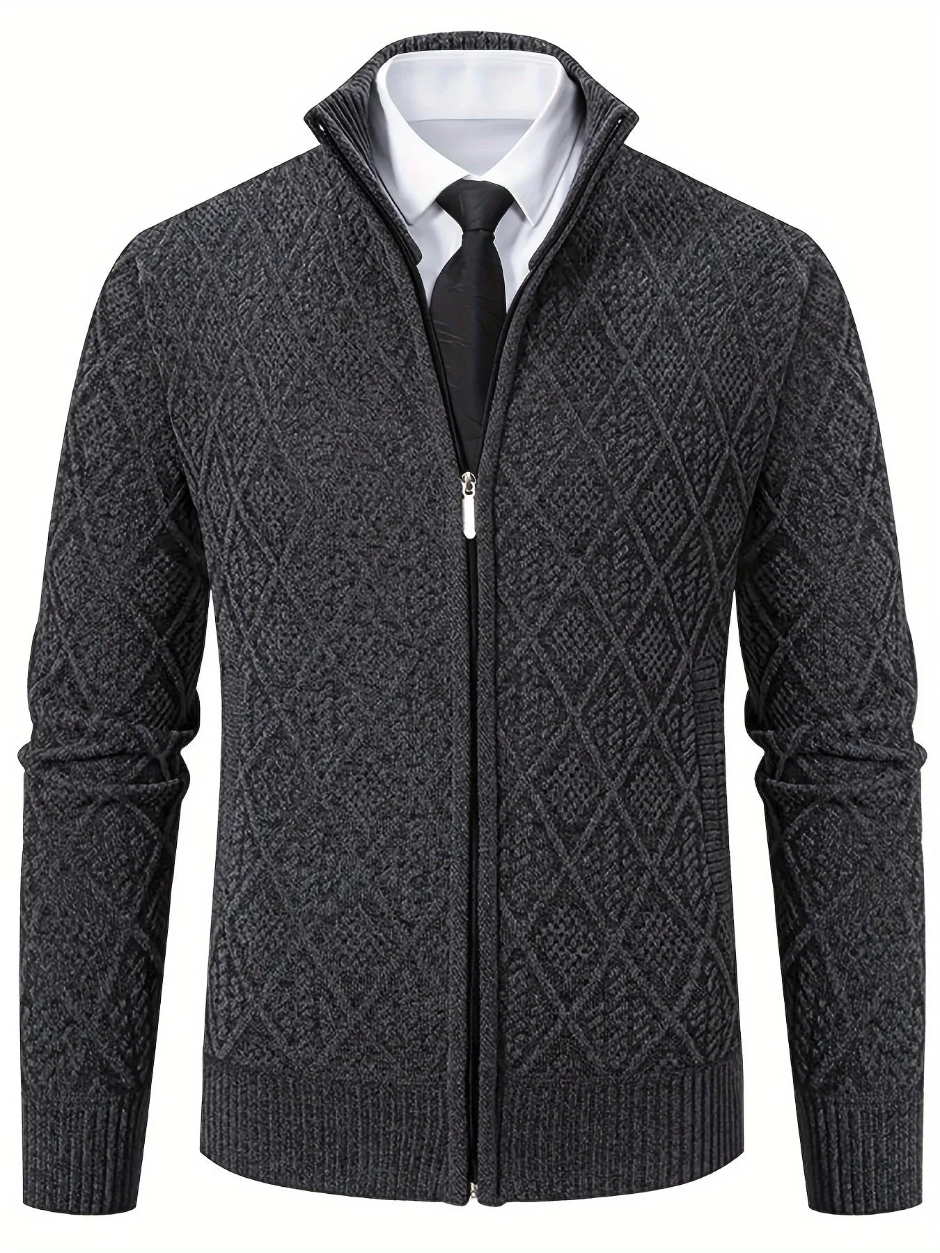 Men's Knitted Sweater Korean Style Autumn and Winter Trendy Casual Stand Collar Cardigan Jacket for Men, Comfortable and Versatile Rhombus Pattern