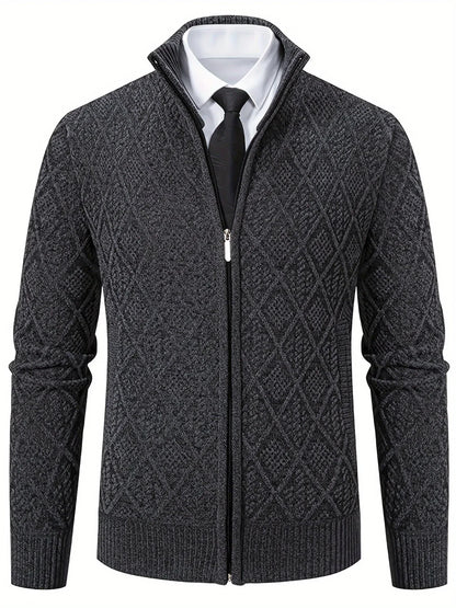 Men's Knitted Sweater Korean Style Autumn and Winter Trendy Casual Stand Collar Cardigan Jacket for Men, Comfortable and Versatile Rhombus Pattern