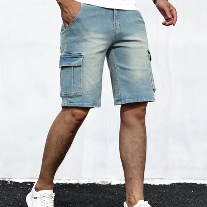 Men's Stretch Denim Shorts - Multi-Pocket Casual Streetwear with Knee-Length, Machine Washable Everyday & Formal Shorts for Urban Outfits - Non-See-Through Denim Construction