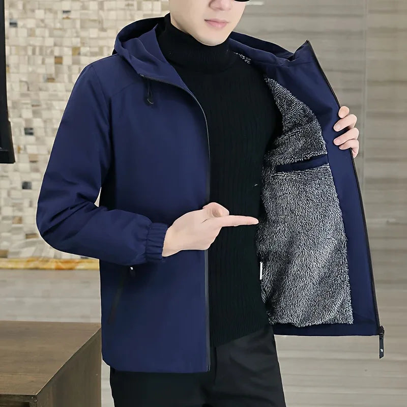Men'S Heavy-Duty Fleece Jacket - Windproof Zip-Up Coat with Full-Zip Closure, Hooded Winter Coat for Cold Weather, Non-Stretch Fabric for Everyday & Formal Events