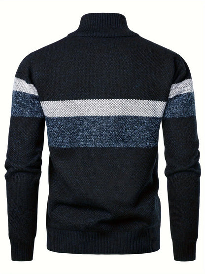 Men'S Color-Blocked Stand Collar Thickened Knitted Pullover Sweater