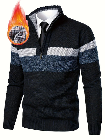 Men'S Color-Blocked Stand Collar Thickened Knitted Pullover Sweater