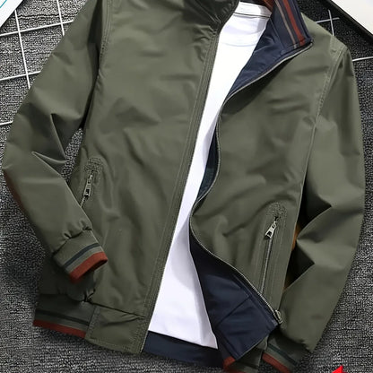 Men'S All-Season Casual Double-Sided Zip-Up Jacket with Stand Collar - Relaxed Fit Olive Green & Navy Blue Two-Tone Design, Front Zipper Closure, Functional Pockets, Durable Fabric for Casual Attire, Lightweight Layering, Mod