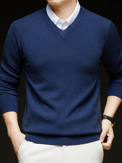 Cross-Border New Autumn Winter Men'S Solid Color V-Neck Knit Sweater Pullover (Men'S Warm Top)