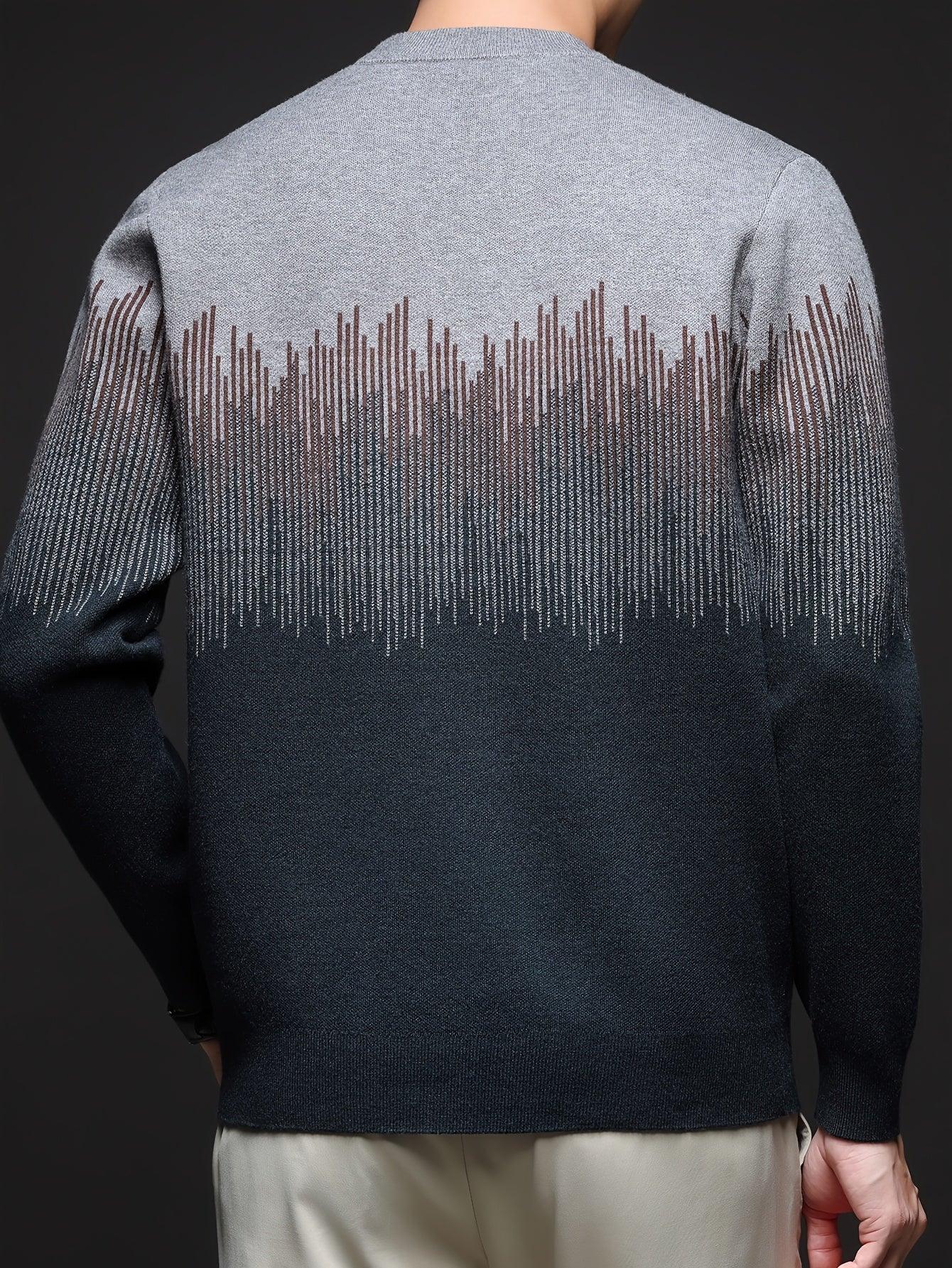 Men's Winter Warm Vertical Stripe Sweater - Dark Grey/Black Gradient Knit Pullover with Tapered Tail Hem, Casual & Outdoor Long Sleeve Round Neck Sweater for,, Office - All-Season Layering (Beige/White)
