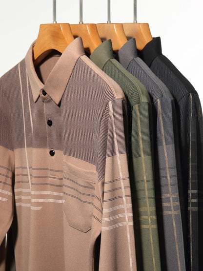 Men's Vintage-Inspired Striped Shirt with Chest Pocket - Breathable, Long Sleeve, Button Detail for Golf & Outdoor Activities