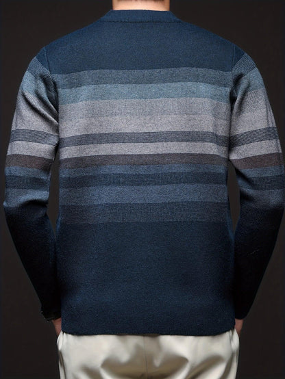 Men'S Thickened Sweater - Navy Blue & Gray Horizontal Stripes, Long Sleeve Round Neck Pullover for Fall/Winter, Casual & Formal Outfits - Everyday & Special Occasion Top, Knit
