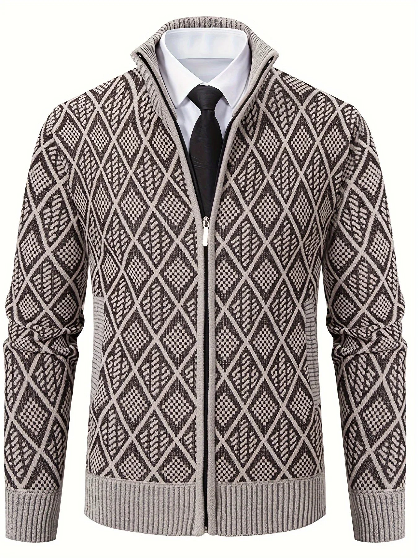 Men's Knitted Sweater Korean Style Autumn and Winter Trendy Casual Stand Collar Cardigan Jacket for Men, Comfortable and Versatile Rhombus Pattern