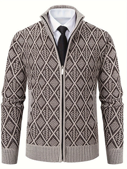 Men's Knitted Sweater Korean Style Autumn and Winter Trendy Casual Stand Collar Cardigan Jacket for Men, Comfortable and Versatile Rhombus Pattern