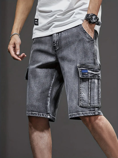 Men's Stretch Denim Shorts - Multi-Pocket Casual Streetwear with Knee-Length, Machine Washable Everyday & Formal Shorts for Urban Outfits - Non-See-Through Denim Construction