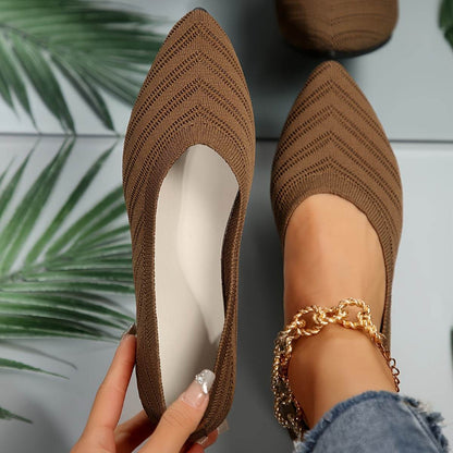 [Pointed Toe Breathable Flats] Women's Pointed Toe Flat Shoes, Solid Color Knitted Slip On Shoes, Casual Breathable Ballet Flats - Montero Milan