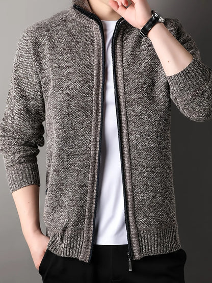 Men'S Thick Fleece Zip-Up Cardigan - Casual Long Sleeve Knit Sweater with Stand Collar, Solid Color, Regular Fit for Fall/Winter, Comfortable Layering Piece, Winter Cardigan, Autumn Outerwear, Modern Casualwear, Durable Fabri