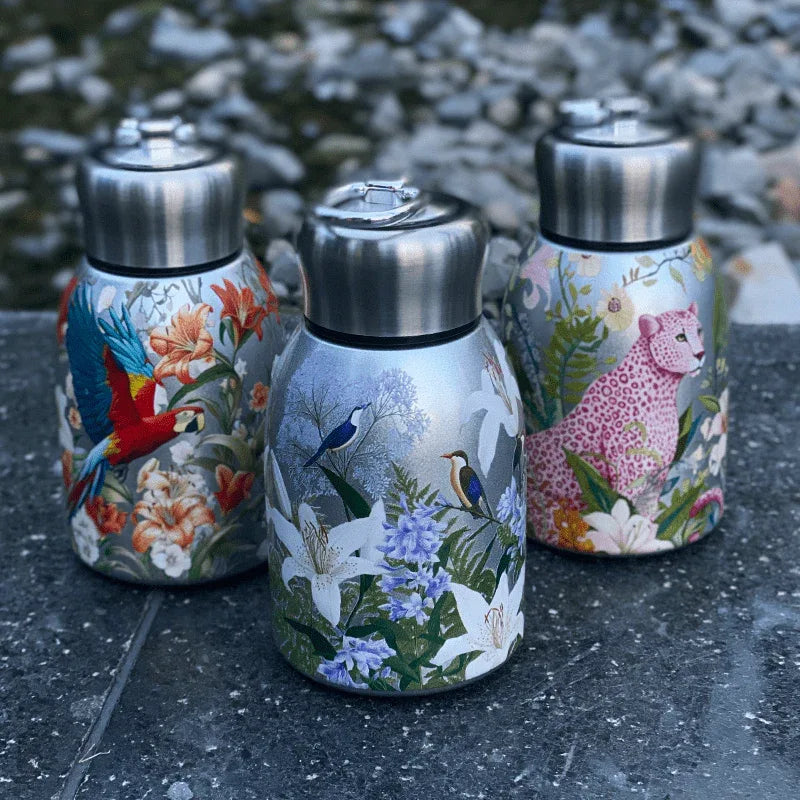 1pc Stainless Steel Vacuum Insulated Tumbler with Bird/Parrot/Leopard Pattern, 10oz Leak-Proof Travel Mug, Glossy Finish, Portable Handle, Artistic Drinkware, Perfect for Outdoor, Gym, Office, Ideal Holiday Gift for Christmas