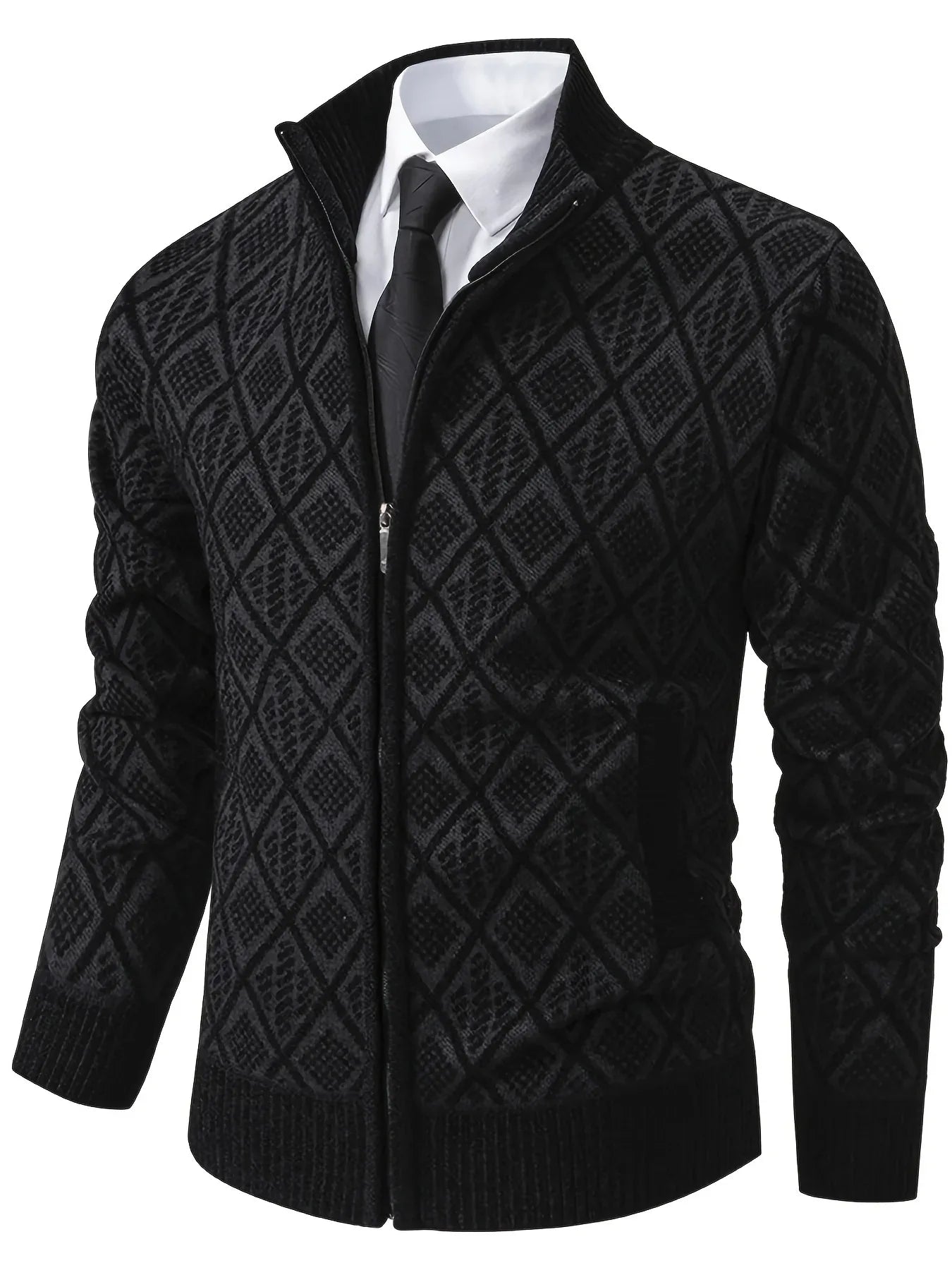 Men's Knitted Sweater Korean Style Autumn and Winter Trendy Casual Stand Collar Cardigan Jacket for Men, Comfortable and Versatile Rhombus Pattern