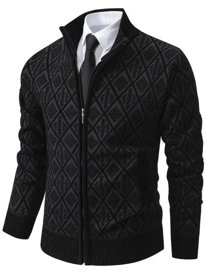 Men's Knitted Sweater Korean Style Autumn and Winter Trendy Casual Stand Collar Cardigan Jacket for Men, Comfortable and Versatile Rhombus Pattern