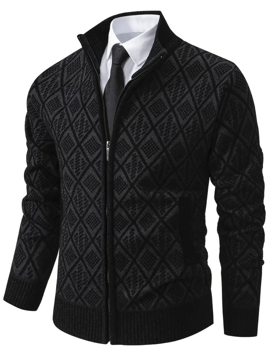 Men's Knitted Sweater Korean Style Autumn and Winter Trendy Casual Stand Collar Cardigan Jacket for Men, Comfortable and Versatile Rhombus Pattern