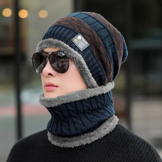 Winter Men'S Korean Style Trendy Knitted Beanie and Scarf Set, Fleece-Lined Thickened Warmth for Cycling, Designed for Autumn/Winter Season, 4 Colors Available, Winter Hat For Men, Scarf For Men