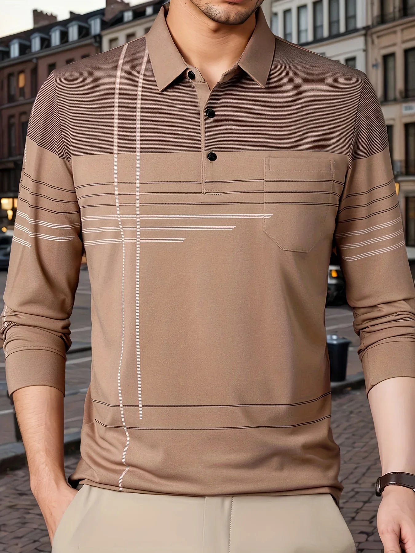 Men's Vintage-Inspired Striped Shirt with Chest Pocket - Breathable, Long Sleeve, Button Detail for Golf & Outdoor Activities