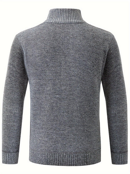 Men'S Thick Fleece Zip-Up Cardigan - Casual Long Sleeve Knit Sweater with Stand Collar, Solid Color, Regular Fit for Fall/Winter, Comfortable Layering Piece, Winter Cardigan, Autumn Outerwear, Modern Casualwear, Durable Fabri