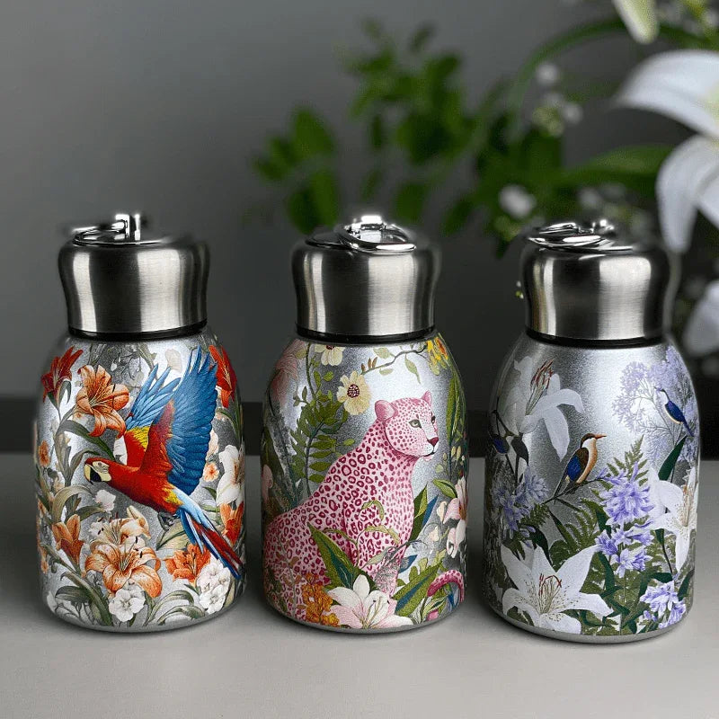 1pc Stainless Steel Vacuum Insulated Tumbler with Bird/Parrot/Leopard Pattern, 10oz Leak-Proof Travel Mug, Glossy Finish, Portable Handle, Artistic Drinkware, Perfect for Outdoor, Gym, Office, Ideal Holiday Gift for Christmas