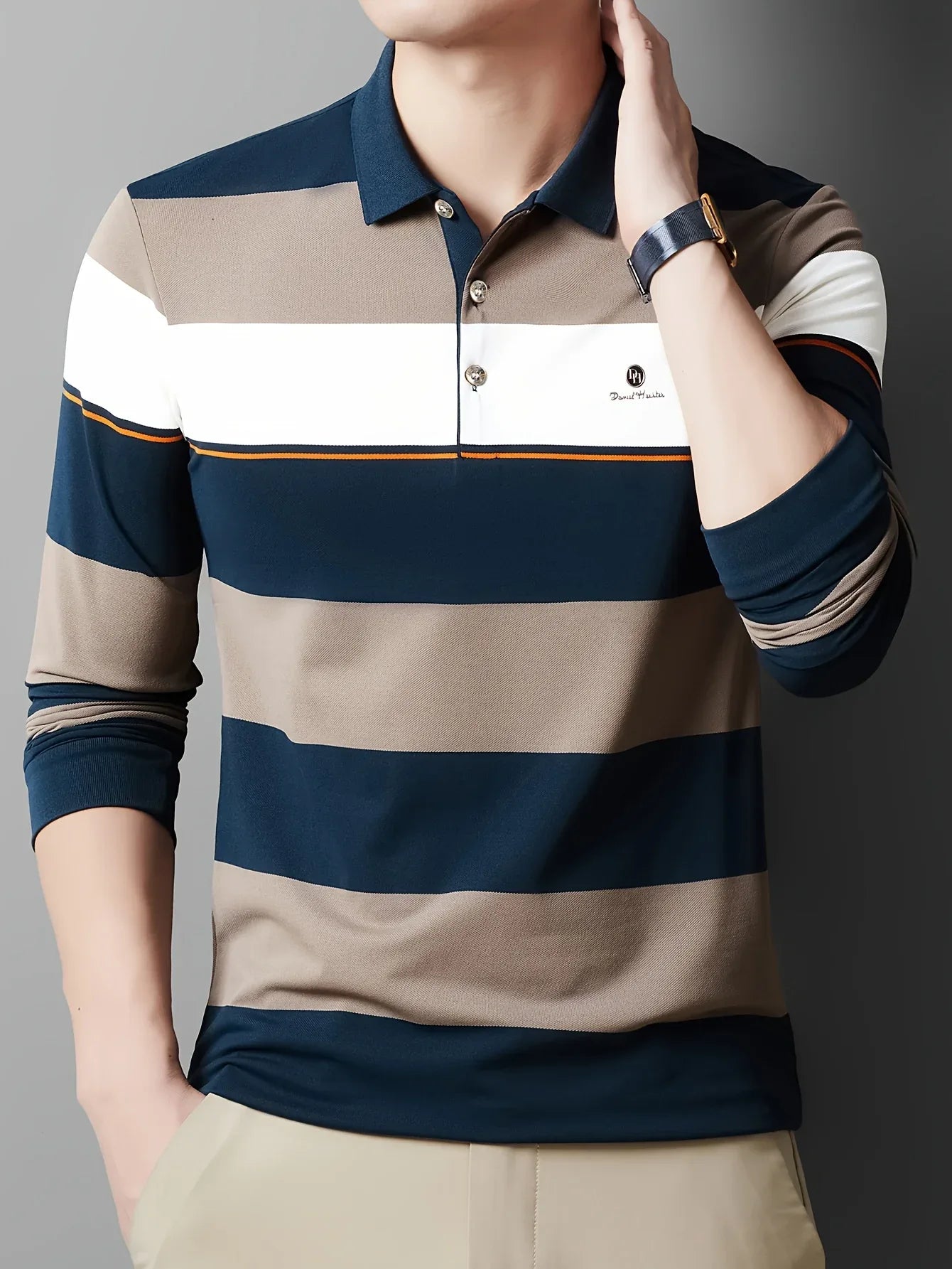 Men'S Long Sleeve Shirt - Formal & Casual Button-Up Shirt with Dark Green & Beige Horizontal Stripes, Button-Front Placket, Non-Stretch Fabric for Office, Golf, Casual Attire - Spring/Fall Wardrobe Essential, Spring Fashion,