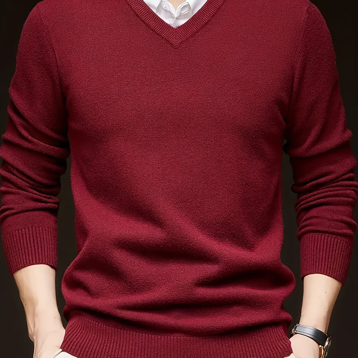 Cross-Border New Autumn Winter Men'S Solid Color V-Neck Knit Sweater Pullover (Men'S Warm Top) - Burgundy / NZ 36