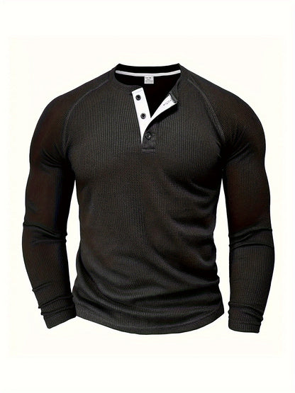 Men'S Long Sleeve T-Shirt Round Neck Open Style Pullover Henley Shirt Men'S Solid Color Fashion Versatile Top