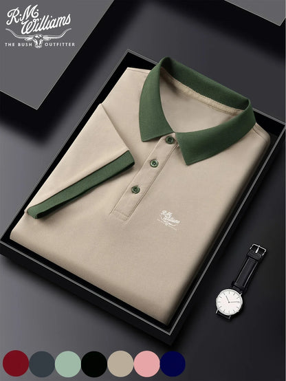 R.M.Williams Men'S Casual Summer Shirt - Beige with Green Collar & Cuffs, Button-Up Collar, Short Sleeve, Regular Fit for Gym, Outdoor Activities & Casual Attire, Gym Apparel, Classic Collar Design, Comfortable Fit