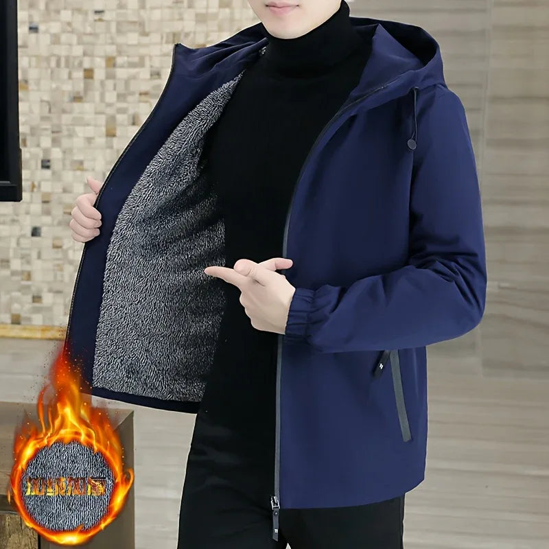 Men'S Heavy-Duty Fleece Jacket - Windproof Zip-Up Coat with Full-Zip Closure, Hooded Winter Coat for Cold Weather, Non-Stretch Fabric for Everyday & Formal Events