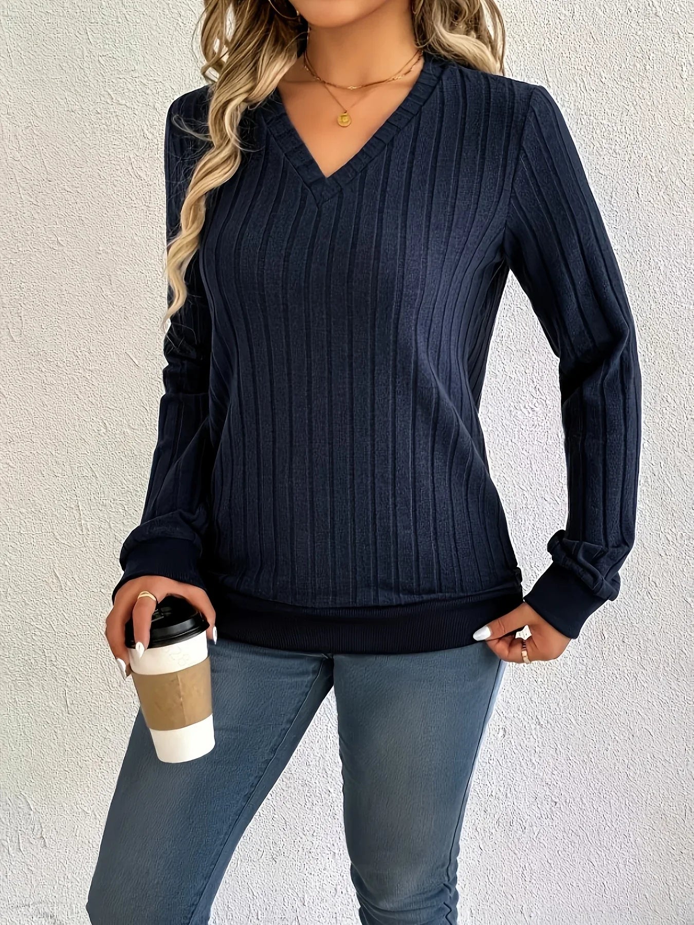 Women'S Cozy V-Neck Long Sleeve Sweater - Olive Green Ribbed, Loose Fit, Casual Style, Perfect for Fall/Winter, Casual Winter Wear|Vneck Sweater|Ribbed Texture