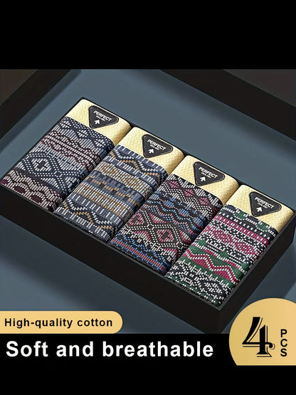 4-Pack Men's Boxer Briefs, Light Luxury Fashion, Ethnic Style Printing Comfortable Breathable Underwear, Comfortable Undergarments, Leisure Clothing, Fashion Underwear, Stylish Boxer Briefs, Premium Quality, Lightweight Under