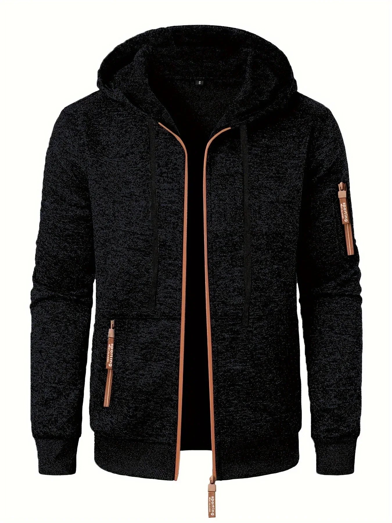 Men'S Hooded Zip-Up Sweater Jacket - Long Sleeve Thin Fleece-Lined Casual Outerwear with Front Pockets, Solid Black, Regular Fit for Fall & Winter, Autumn Winter Apparel | Hooded Sweater | Zippered Jacket, Knit, Men Hoodie Zi