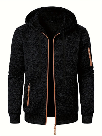 Men'S Hooded Zip-Up Sweater Jacket - Long Sleeve Thin Fleece-Lined Casual Outerwear with Front Pockets, Solid Black, Regular Fit for Fall & Winter, Autumn Winter Apparel | Hooded Sweater | Zippered Jacket, Knit, Men Hoodie Zi