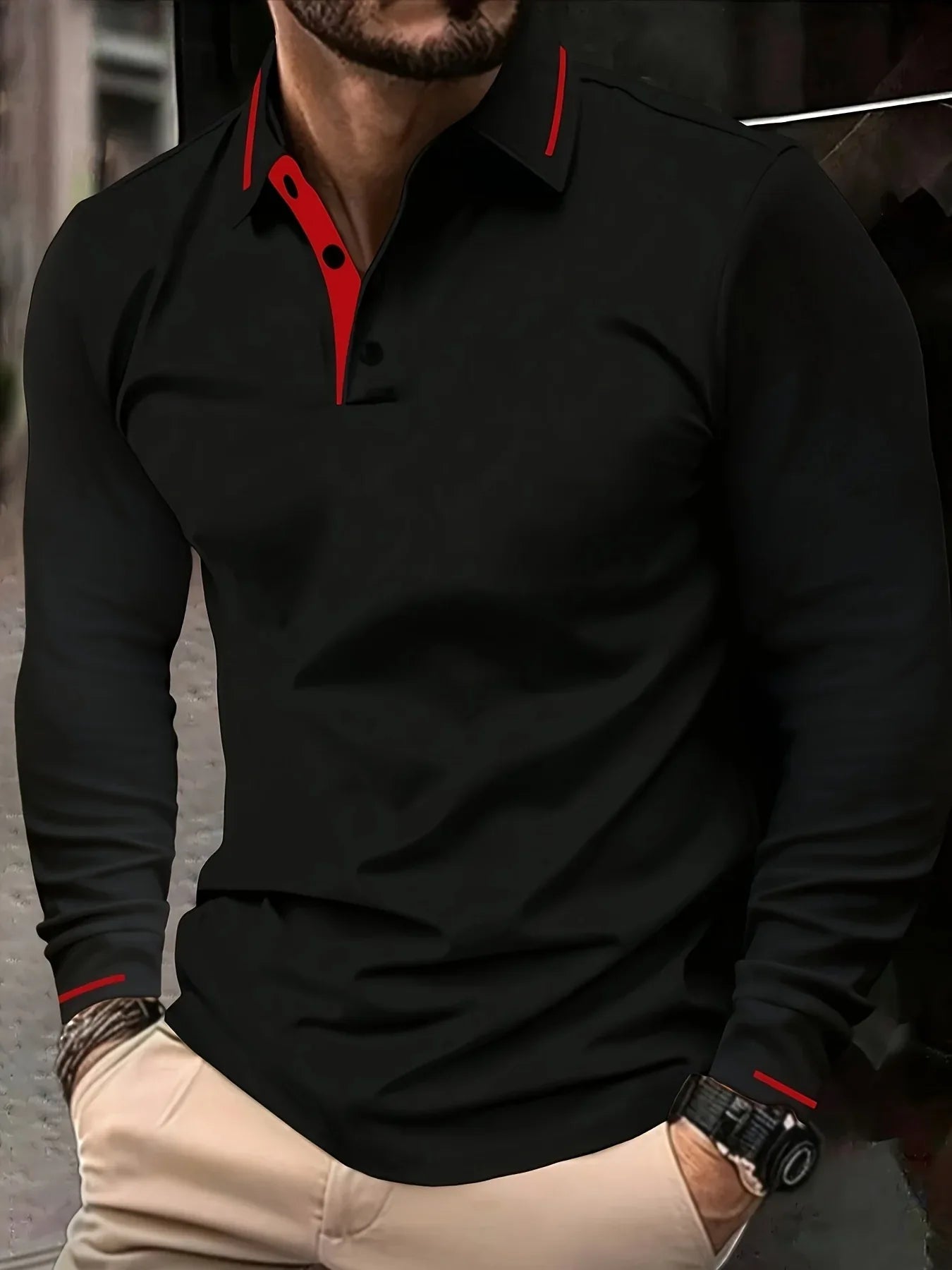 Ribbed Stretch Long Sleeve Polo
