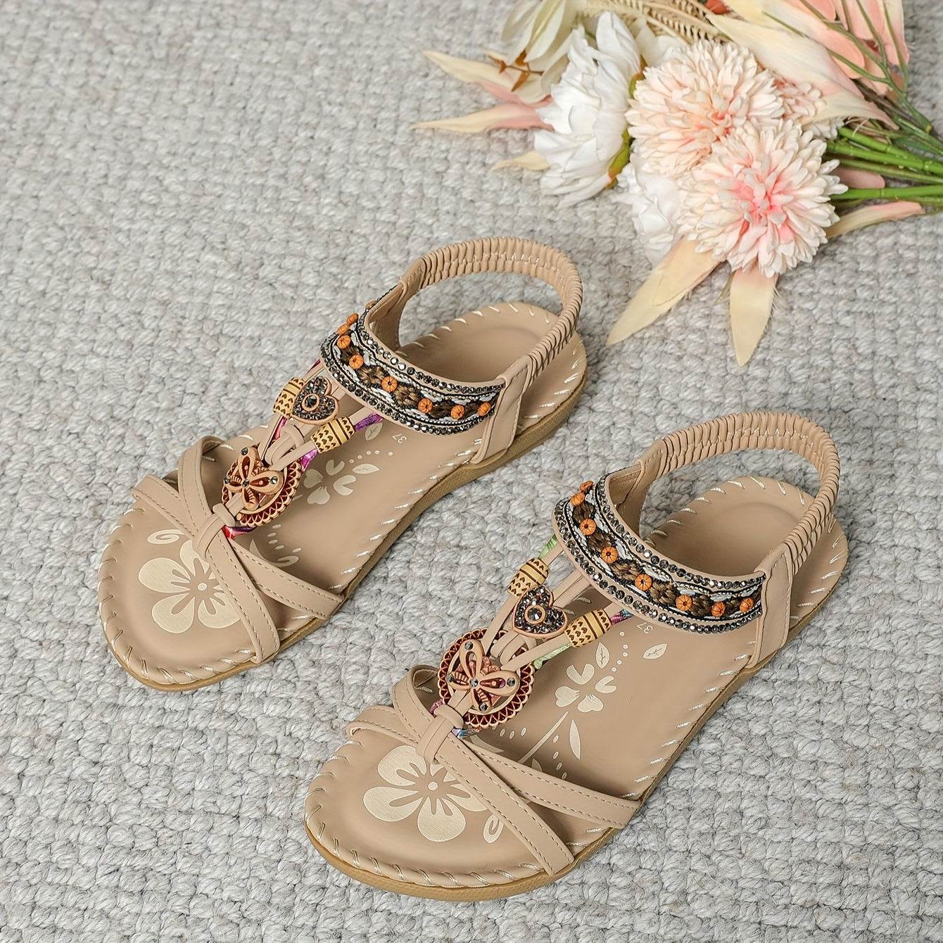 Women's Elegant Rhinestone Butterfly Flat Sandals - Comfortable Slip-On with Secure Elastic Strap for Summer - Montero Milan
