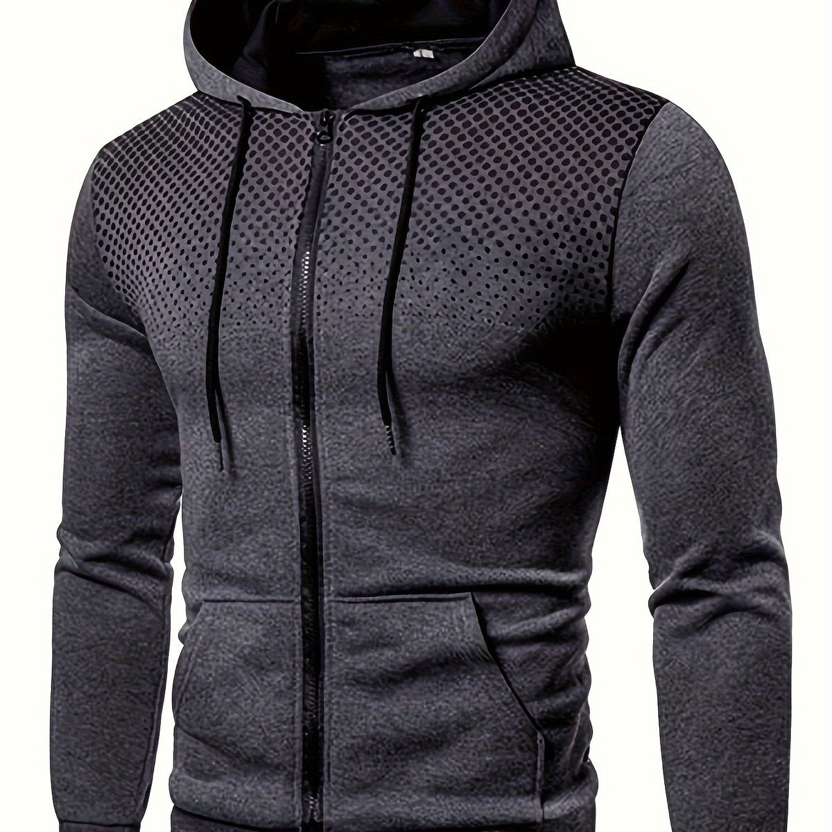 Autumn Winter New Hooded Sweatshirt Fleece Warm Thick Men'S Sports Fitness Outerwear Zipper Hooded Jacket Polka Dot Print Design - Dark Gray / NZ 36