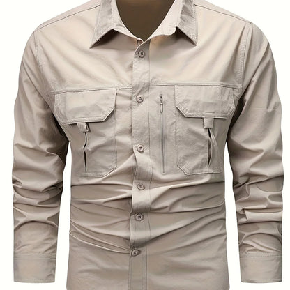 Spring And Autumn Casual Men's Long Sleeve Sunscreen Quick-drying Shirt With Multi-pockets For Outdoor Fishing