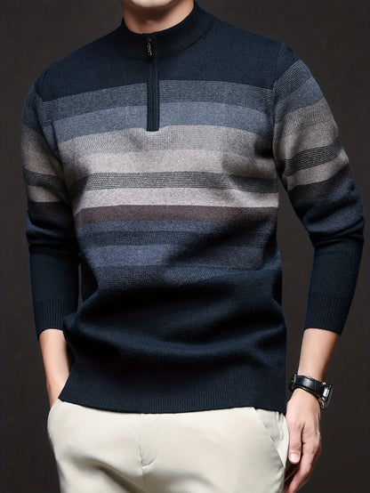 Men's Heavyweight Striped Mandarin Collar Zipper Sweater Jacket - Half-Zip Winter Knit Coat with Fish Tail Hem, Multi-Color (Navy/Beige/Tan/Brown/) for Casual, Outdoor & Holiday Events - Hand Washable Warm Blazer