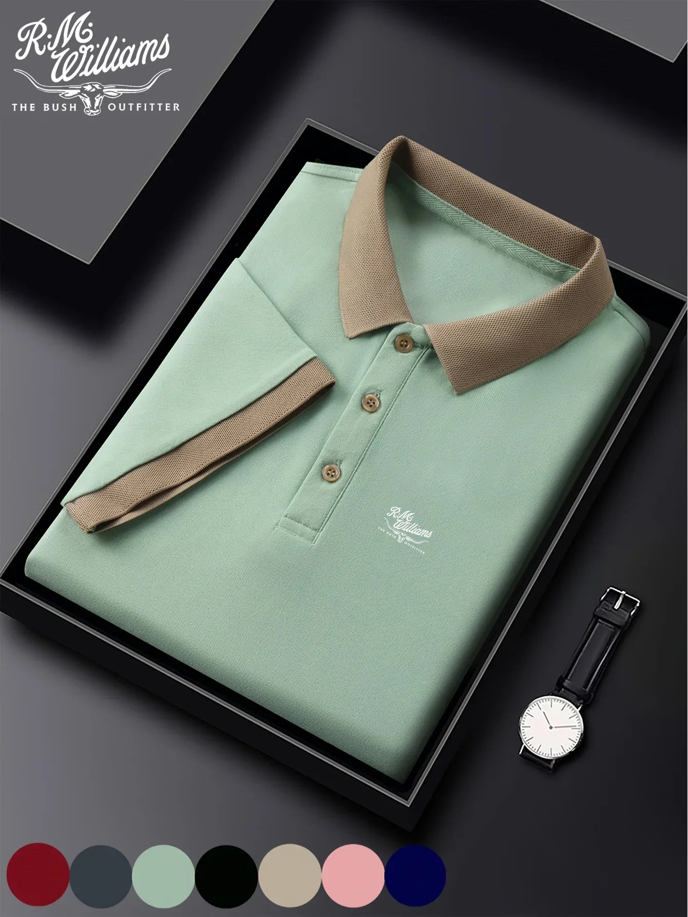 R.M.Williams Men'S Casual Summer Shirt - Beige with Green Collar & Cuffs, Button-Up Collar, Short Sleeve, Regular Fit for Gym, Outdoor Activities & Casual Attire, Gym Apparel, Classic Collar Design, Comfortable Fit