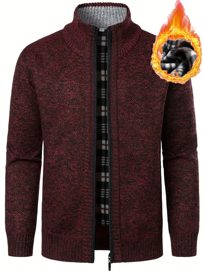 Men'S Thick Fleece Zip-Up Cardigan - Casual Long Sleeve Knit Sweater with Stand Collar, Solid Color, Regular Fit for Fall/Winter, Comfortable Layering Piece, Winter Cardigan, Autumn Outerwear, Modern Casualwear, Durable Fabri