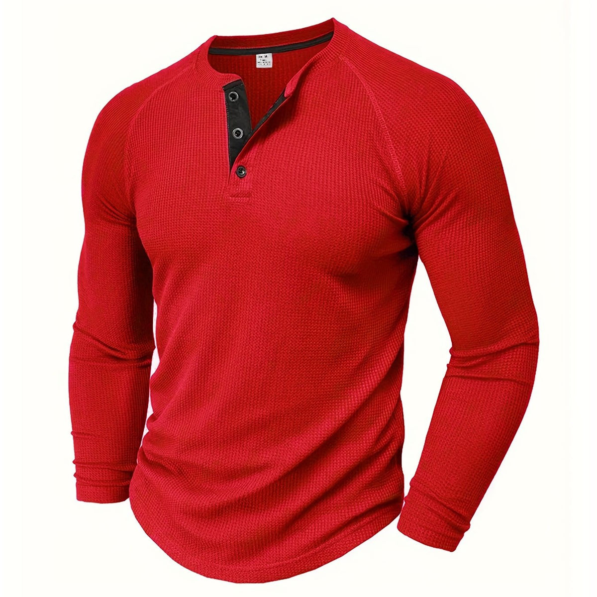 Men'S Long Sleeve T-Shirt Round Neck Open Style Pullover Henley Shirt Men'S Solid Color Fashion Versatile Top - Red / NZ 36