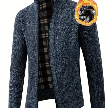 Men'S Thick Fleece Zip-Up Cardigan - Casual Long Sleeve Knit Sweater with Stand Collar, Solid Color, Regular Fit for Fall/Winter, Comfortable Layering Piece, Winter Cardigan, Autumn Outerwear, Modern Casualwear, Durable Fabri
