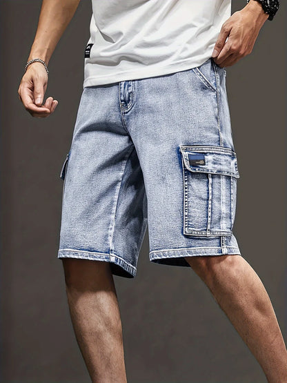 Men's Stretch Denim Shorts - Multi-Pocket Casual Streetwear with Knee-Length, Machine Washable Everyday & Formal Shorts for Urban Outfits - Non-See-Through Denim Construction