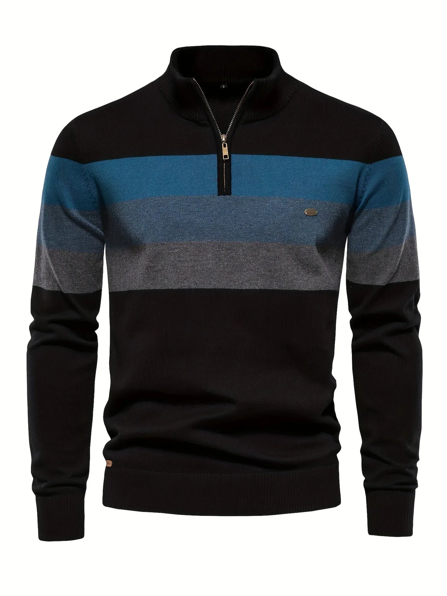 Men'S Thermal Stand Collar Sweater - Winter Knit Sweater with Zipper Closure, Black/Blue/Gray Horizontal Stripes, Regular Fit Pullover for Cold Weather, Formal & Everyday Outfits - Easy Care Sweater for Men, Sweater Zip Up, C