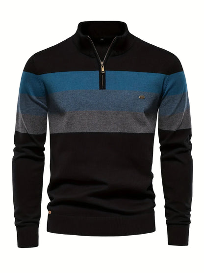 Men'S Thermal Stand Collar Sweater - Winter Knit Sweater with Zipper Closure, Black/Blue/Gray Horizontal Stripes, Regular Fit Pullover for Cold Weather, Formal & Everyday Outfits - Easy Care Sweater for Men, Sweater Zip Up, C