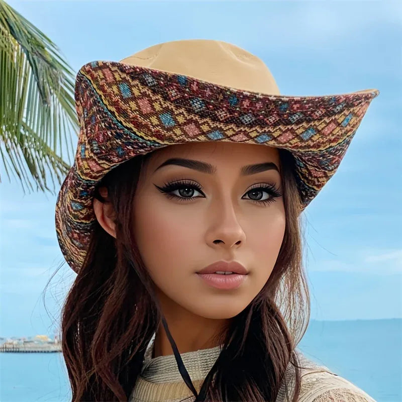 2-Way Adjustable Women's Bohemian Embroidered Sun Hat - Wide Brim Windproof Fisherman Hat with Vibrant Geometric Patterns, All-Season Outdoor Travel & Hiking Accessory for Beach, Mountaineering, Tourism, Fishing Hat, Mountain