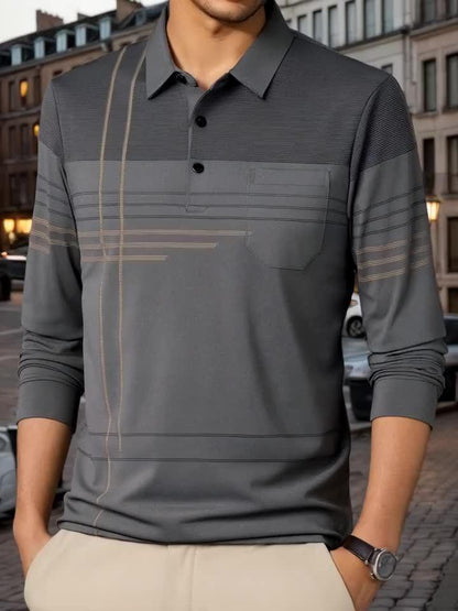 Men's Vintage-Inspired Striped Shirt with Chest Pocket - Breathable, Long Sleeve, Button Detail for Golf & Outdoor Activities