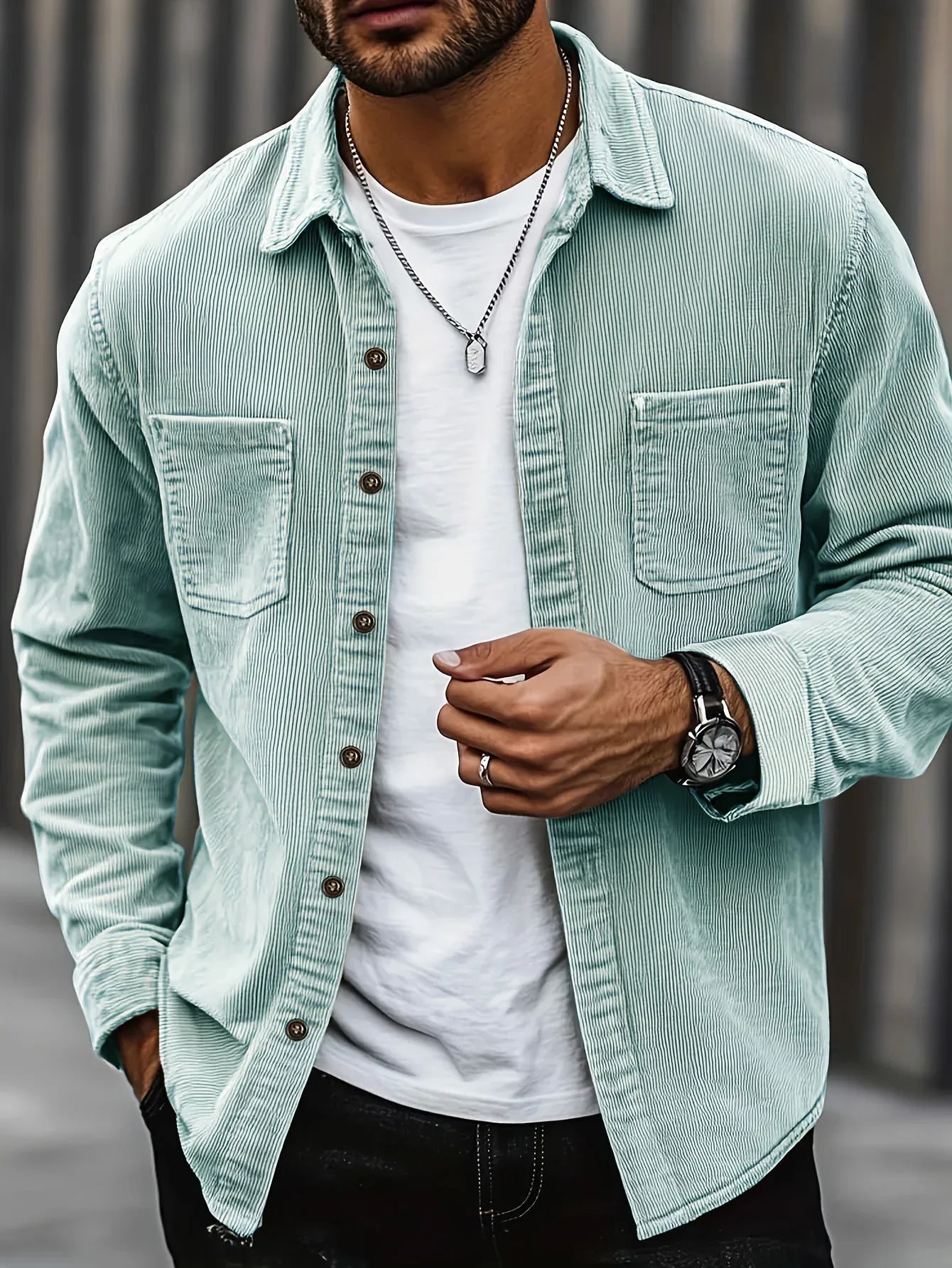 Men'S Corduroy Casual Shirt Jacket - Classic Collar, Button-Up Long Sleeve with Double Chest Pockets, Light Blue, Perfect for Spring & Fall, Everyday Fashion, Street Style, and Office Wear