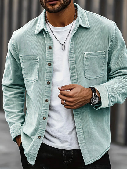 Men'S Corduroy Casual Shirt Jacket - Classic Collar, Button-Up Long Sleeve with Double Chest Pockets, Light Blue, Perfect for Spring & Fall, Everyday Fashion, Street Style, and Office Wear